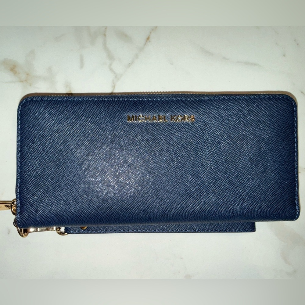Michael Kors NavyBlue Zip Around Wallet Wristlet|Saffiano Leather|Gold Tone|NWOT